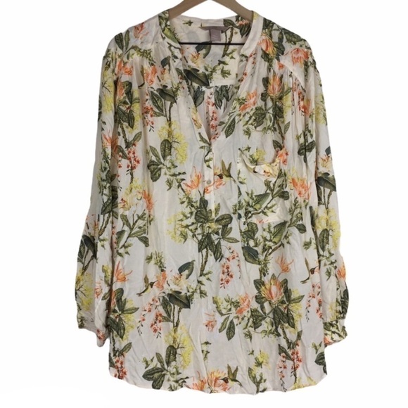 H&M Top Popover Blouse Tunic Hummingbirds Floral Tropical Leaves Lightweight 24 - Picture 1 of 7